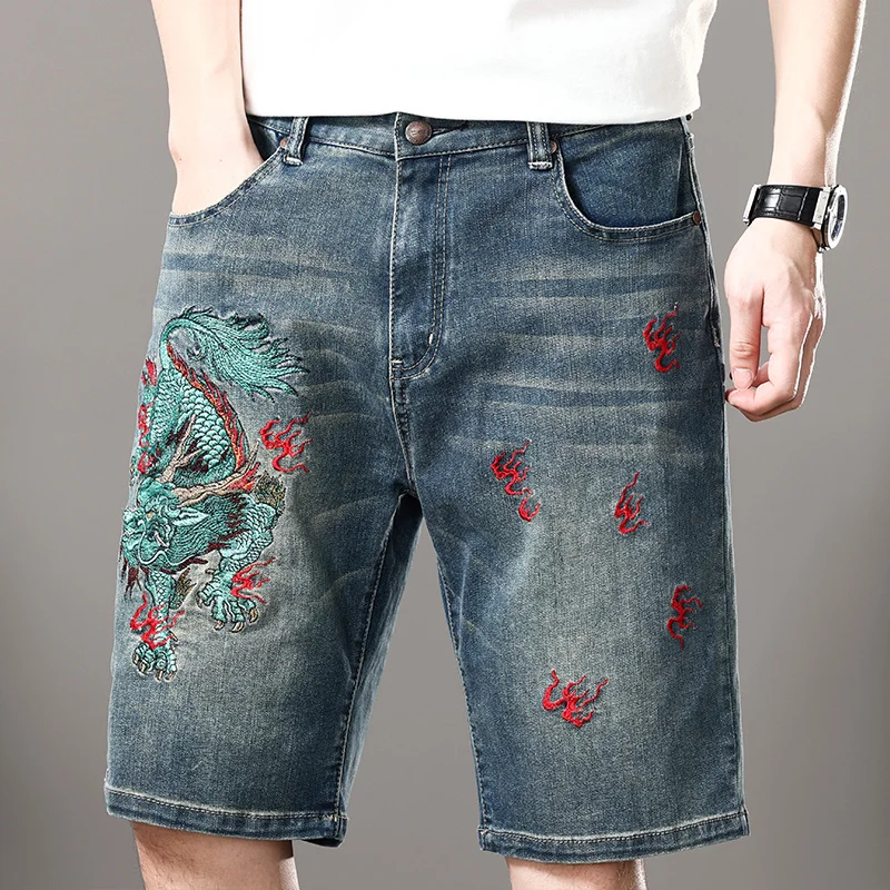 

Chinese Dragon Embroidery Denim Shorts Men's Straight Loose plus Size Fashion Casual Street High-End Embroidered Middle Pants