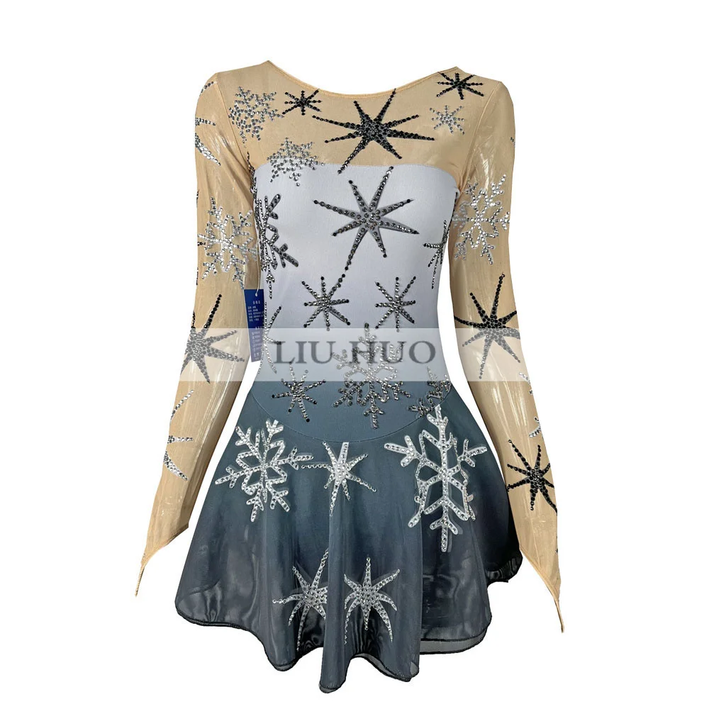 LIUHUO Women Girl Adult Performance Ballet Gymnastics Competition Leotard Ice Figure Skating Dress Dance Gray Gradient Snowflake