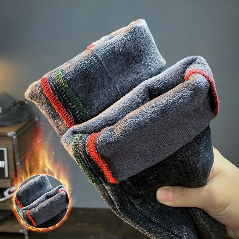 

2025 NEew Fleece-Lined Thick Jeans Men's Winter 2023 New Casual Small Straight Pants Slim-Fit Fleece All-Matching Trousers