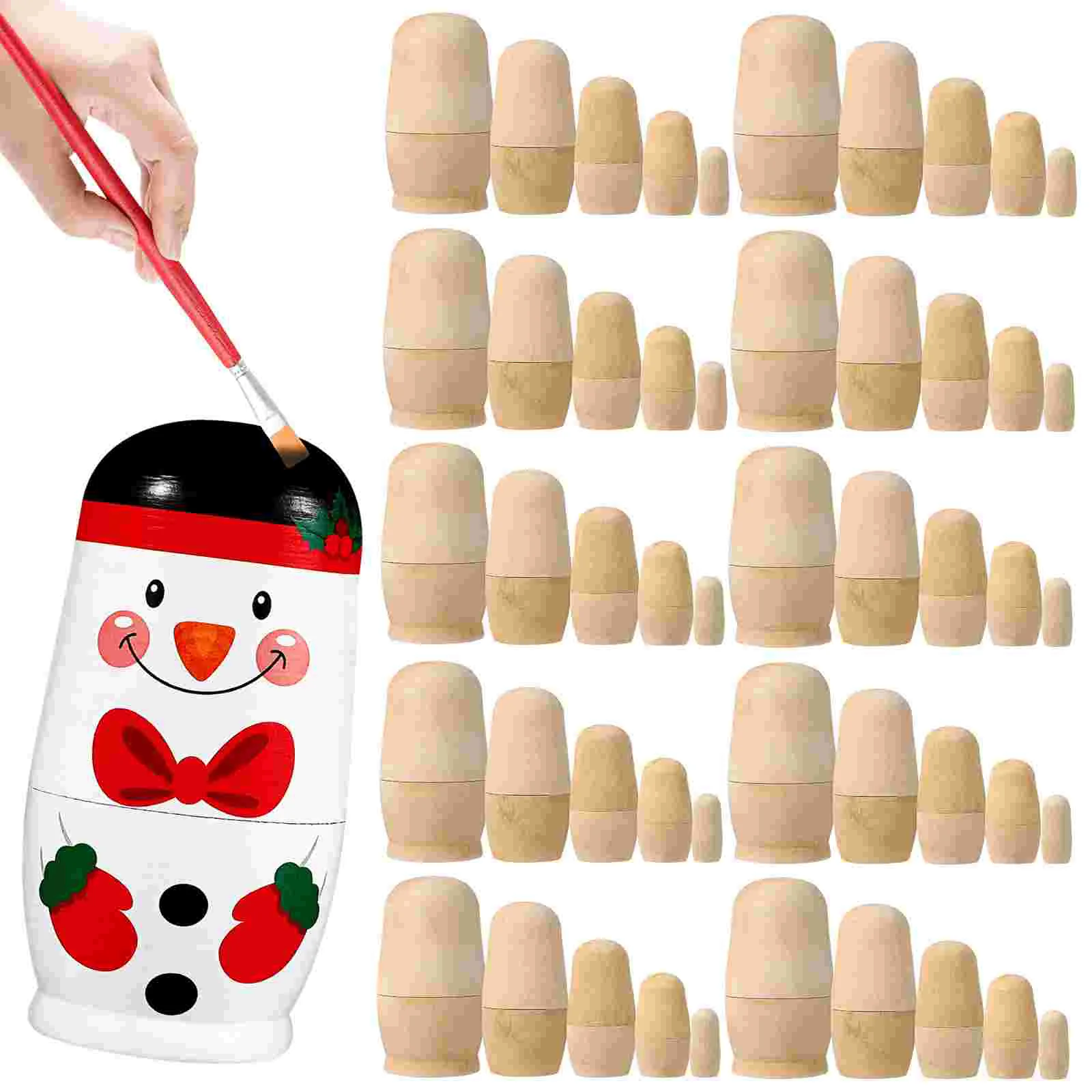 

10 Sets Unpainted Nesting Dolls Matryoshka Toy Unfinished Russian Blank Wood Decor Figurines