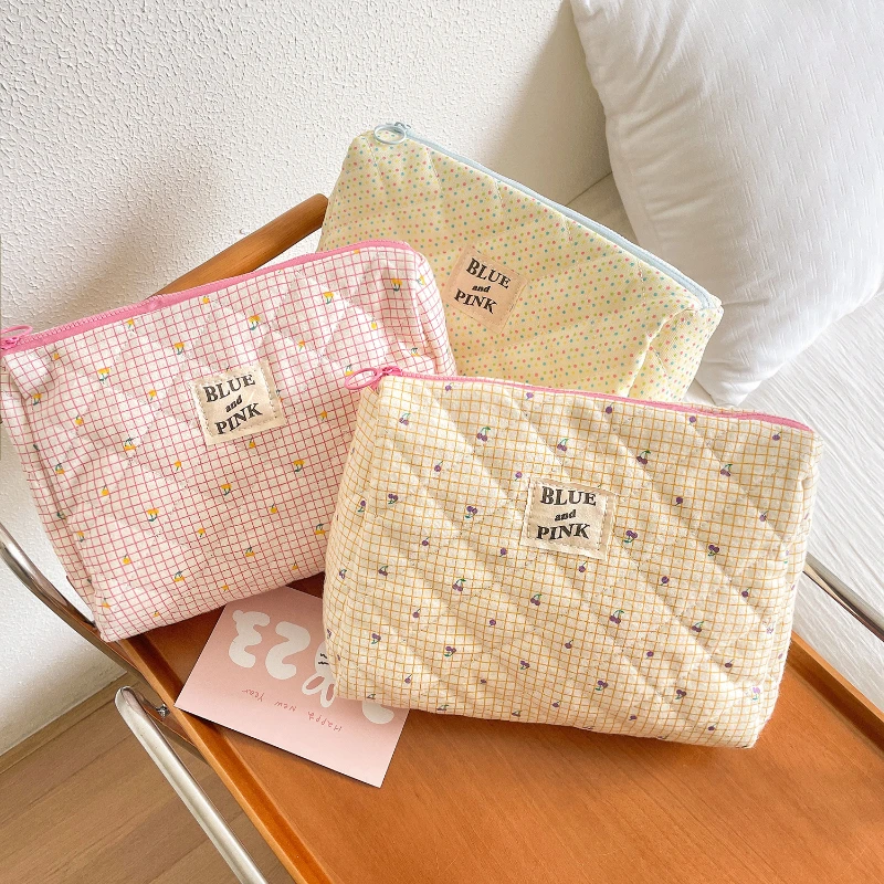 Soft Cotton Women\'s Floral Cosmetic Bag Retro Plaid Ladies Handbags Makeup Case Portable Toiletries Storage Bags Clutch Purse