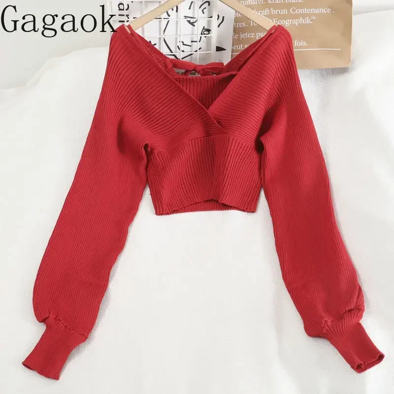 Gagaok Fake Two Sweater Women Top New V-Neck Full Sexy Knitted Sweaters Korean Short Chic Wild Fashion Pullovers