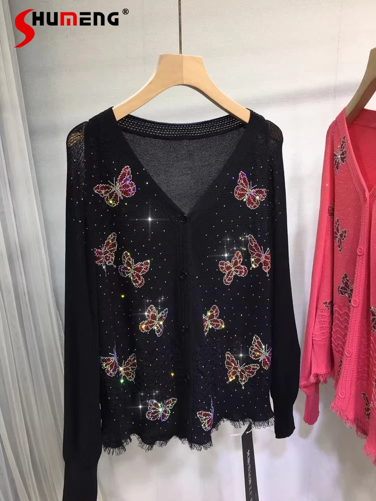 

Women's 2026 Spring Summer Hot Diamond V-neck Butterfly Single-row Multi-buckle Knitted Sweaters Hollow Out Outerwear Knitwears