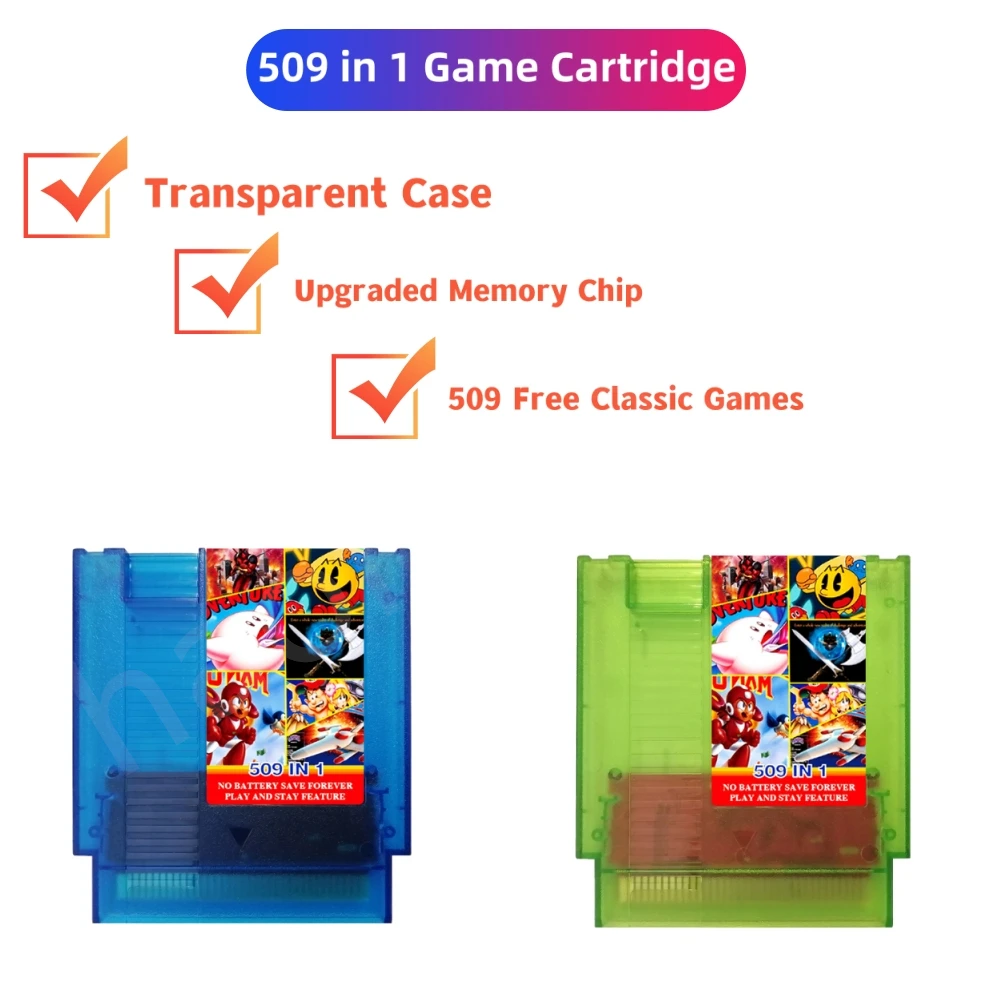 Retro-Sammlung 509 in 1 Spiel kassette transparente Schale 72-polige Spielkarte für nes Spiele konsole 8-Bit-Spiele für pal/ntsc Region