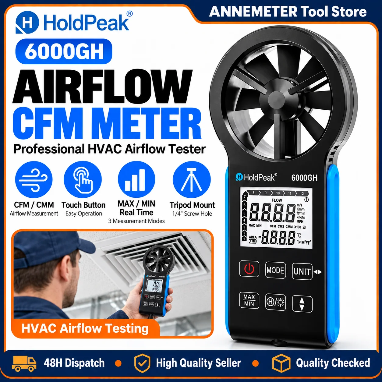 CFM Anemometer Handheld Air Flow Meter, HVAC Wind Meter Measuring Wind Speed 0.3~30m/s & Air Volume 0~999,900 ft3/min