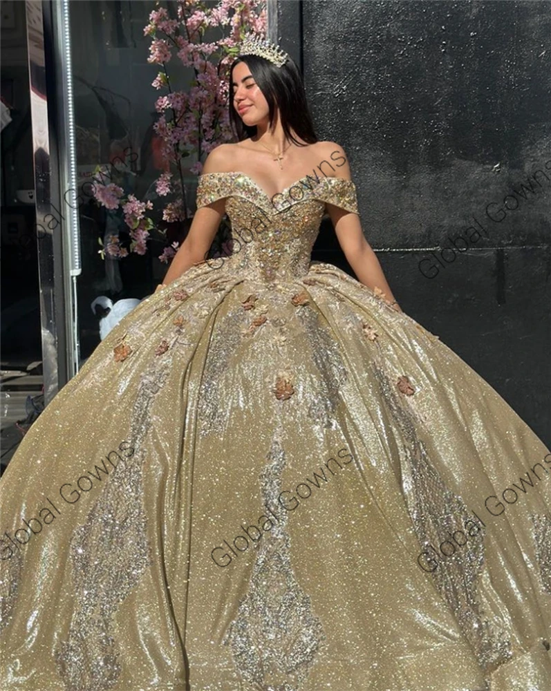 Sparkly Off The Shoulder Ball Gown Quinceanera Dresses For Girls Beaded 3D Flowers Birthday Party Gowns Lace Up Back Customized