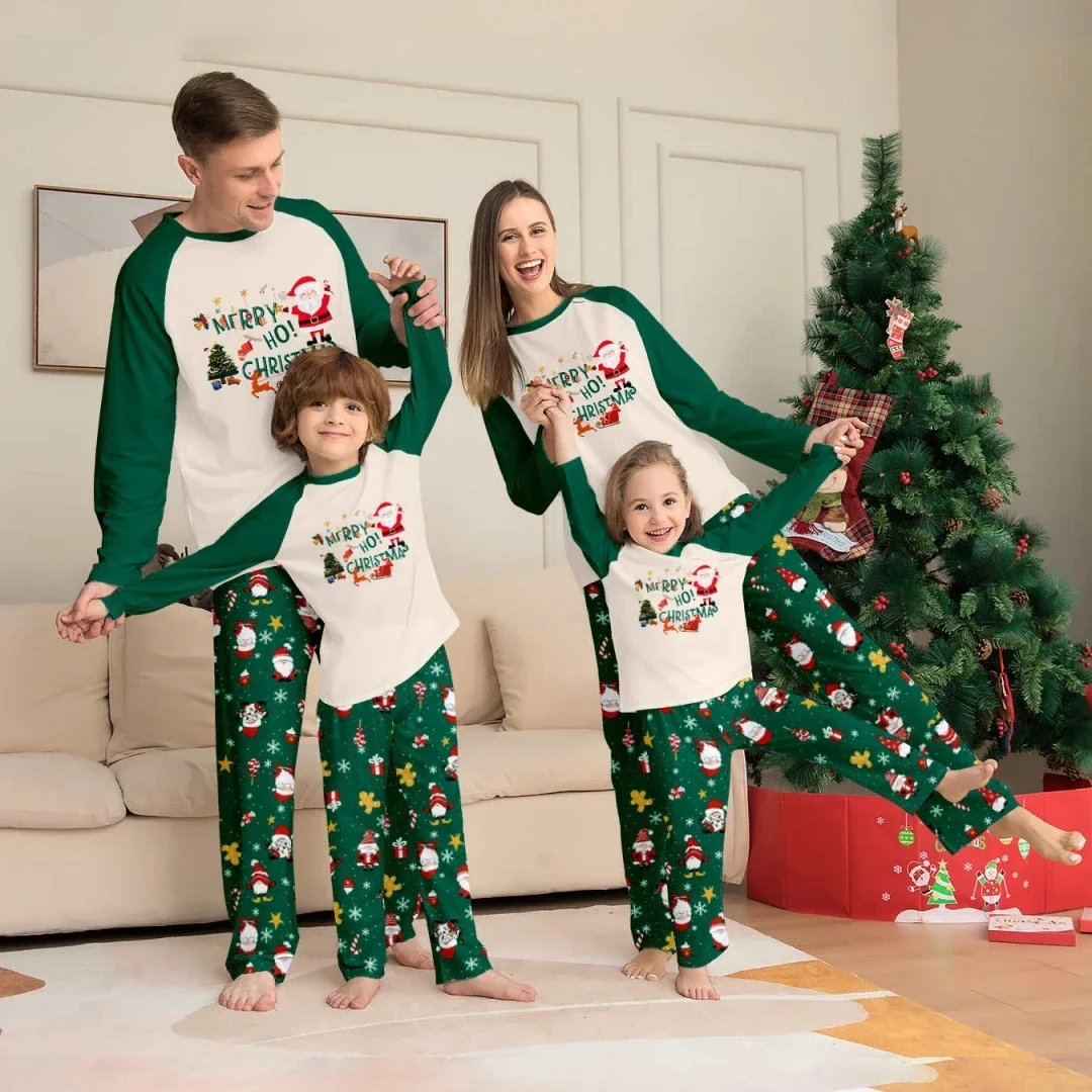 

Merry Christmas Green Print Family Matching Outfits Casual Loose Sleepwear Full Sleeve O Neck Pajamas Adults Kids Clothing Set