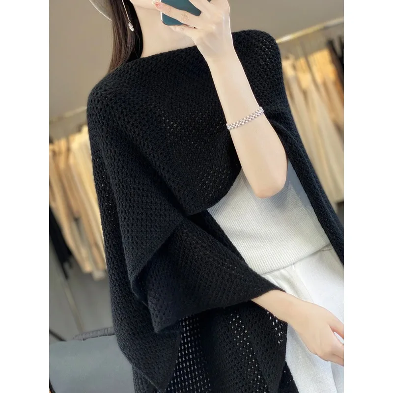 

Solid Color Elegant Simple Hollow Out Women's Cape Shawl Versatile Spring Autumn Korean Casual Fashion Loose Fit Knit Cardigan
