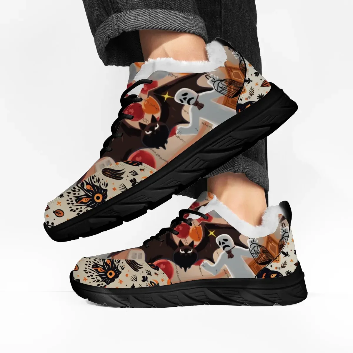 

New Halloween Bat Ghost Red Skull Pattern Design Lace-up Flying Woven Round Head Casual Large-sized Lightweight Sports Shoes