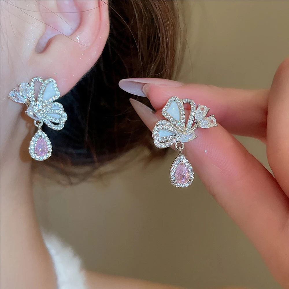 

Silvery Needle Zircon Butterfly Hollowed-out Water Drop Earrings Fashionable and Super Shiny High-end Jewelry for Women