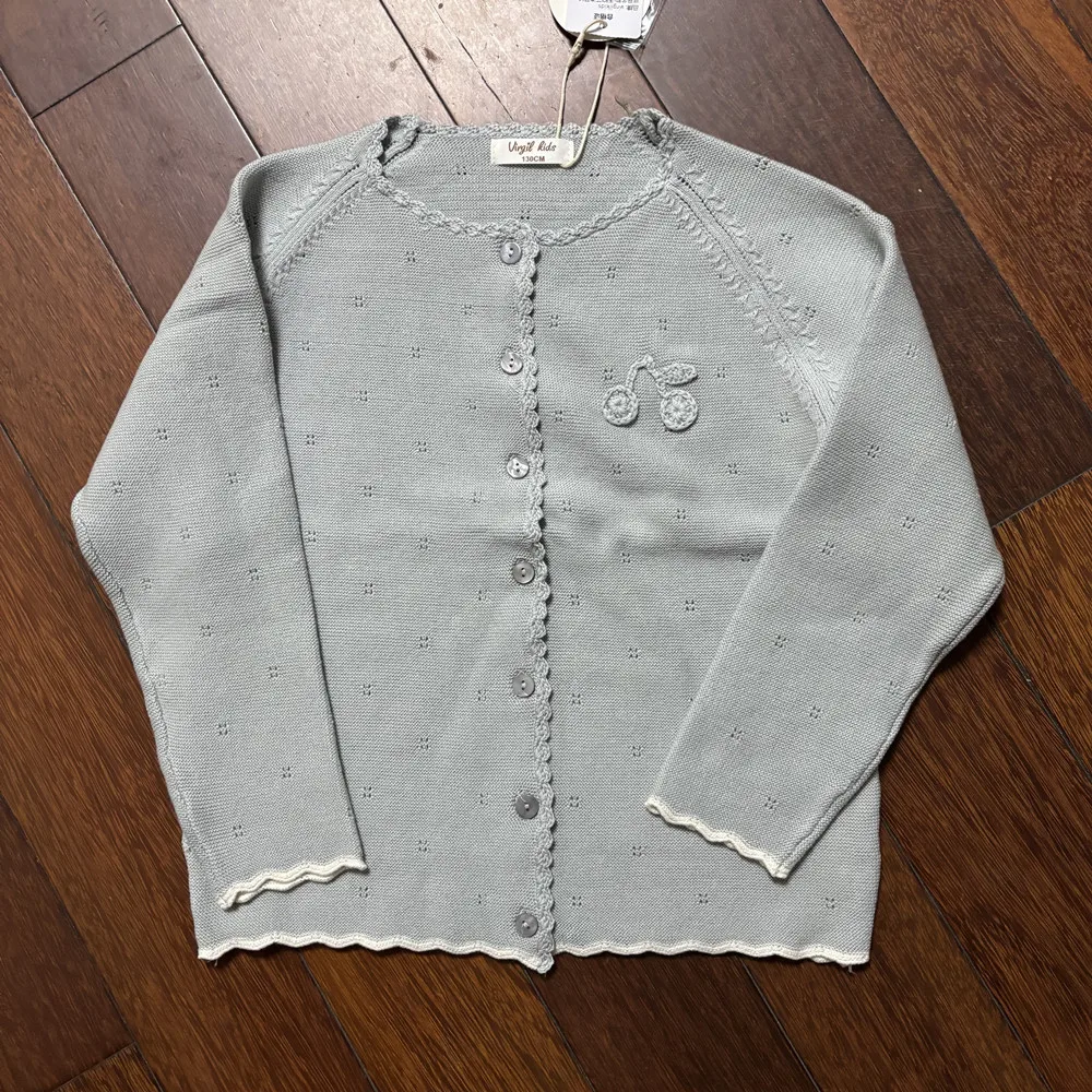 baby girl clothes kids coat Handmade crochet cherry patterned knitted cardigan Grey blue girls' knitted cardigan