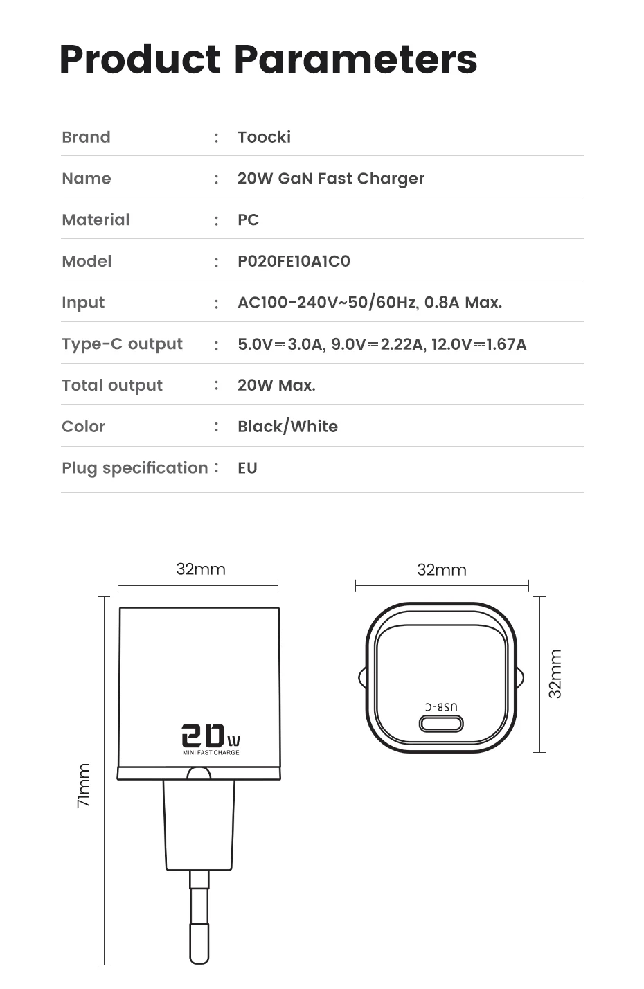 Toocki PD 20W Type C GaN Charger Fast Charging For iPhone 17 16 Pro Max Samsung Xiaomi Mini KR Plug USB-C Charger With 60W Cable