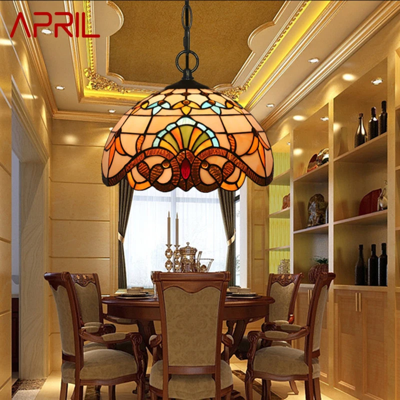 

APRIL Modern Tiffany Pendant Lamp LED Creative Baroque European Stained Glass Chandelier Light for Home Dining Bar Decor