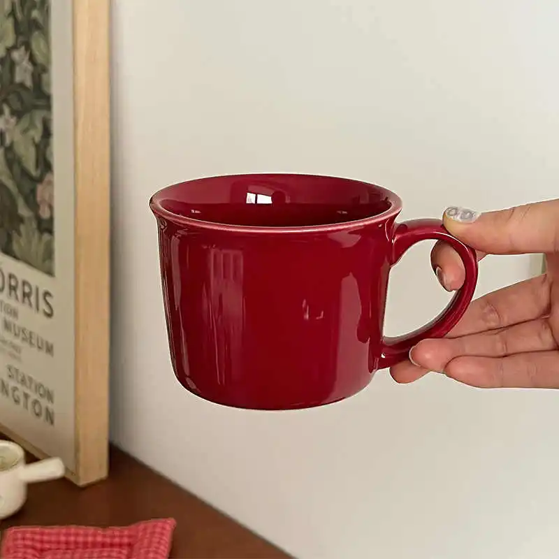 

290ml Simple Retro Red Mug Ceramic Coffee Cup Household Breakfast Milk Oatmeal Cups Christmas Gift Drinkware