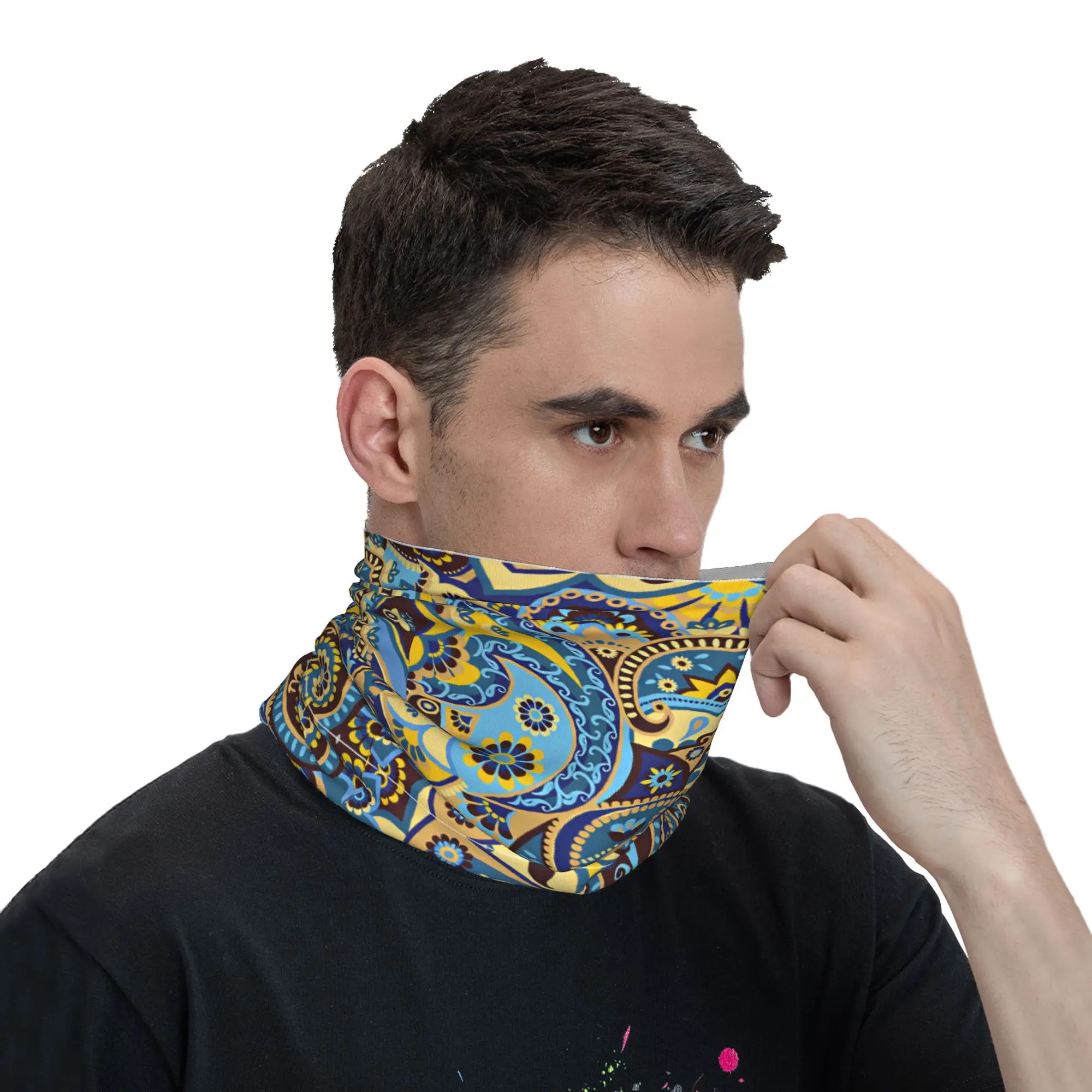 Blue Yellow Ethnic Paisley Floral Bandana Neck Gaiter Printed  Magic Scarf Warm Cycling Scarf Riding Unisex Adult Washable view 3