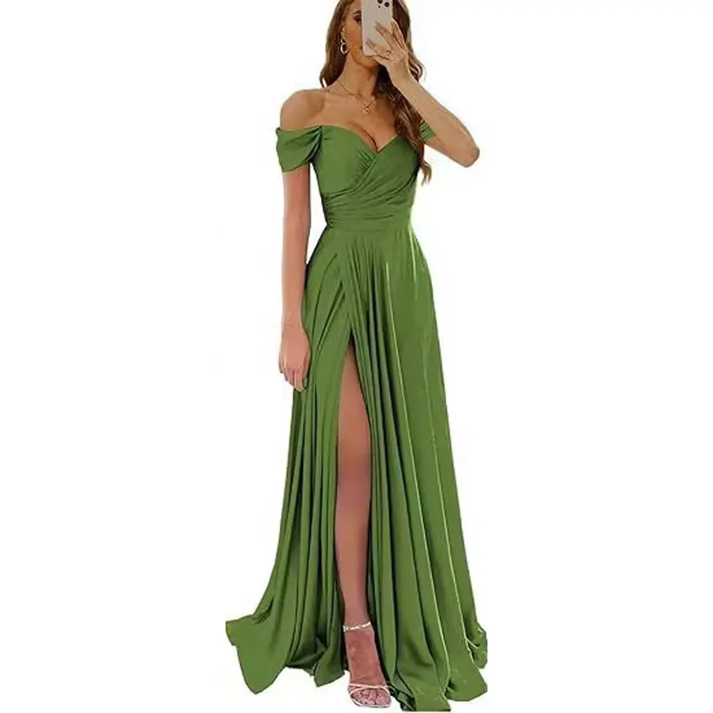 Robes de soirée personnalisées pour femmes, épaules dénudées, robes de demoiselle d'honneur pour mariage, fente longue plissée, robe de bal en Satin, ligne a