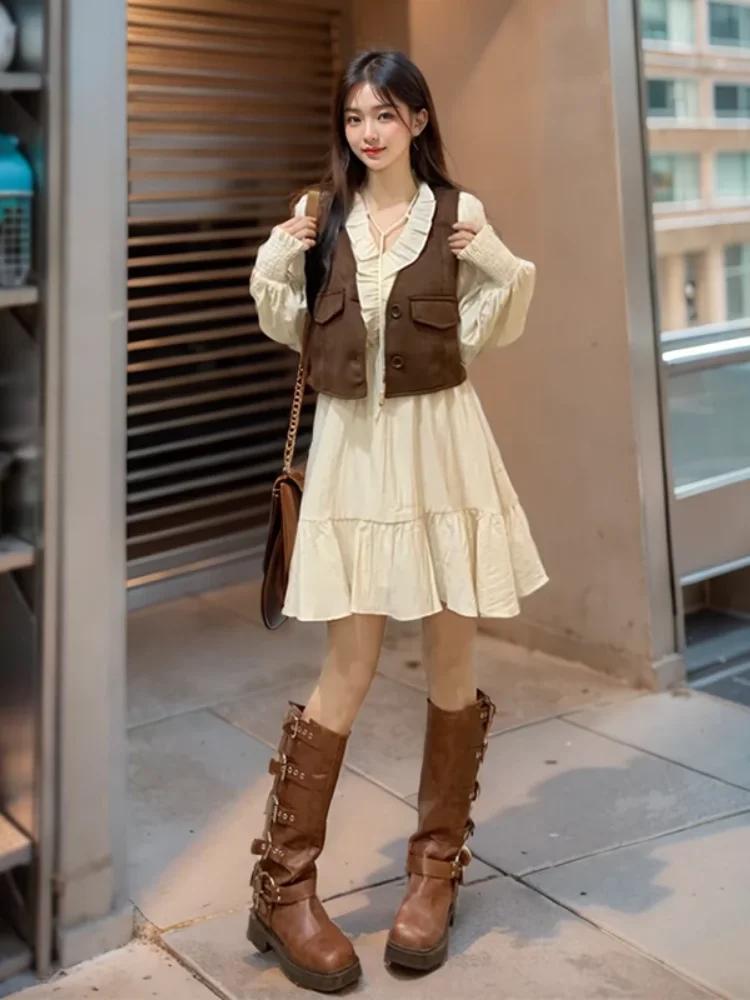 

Ele Long Sve V-Ne Vest Dr Женская юбка для похудения, скрывающая живот, осенний новый комплект из двух предметов, модный женский комплект...