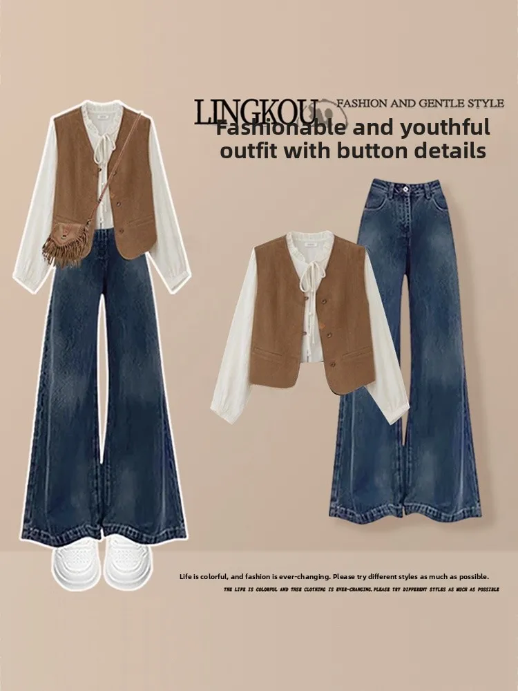 

Faionable plus Size Spring Autumn Set Women's High Waist Slimming Denim Pants Vest Long Sve Retro Sle Tee Piece...
