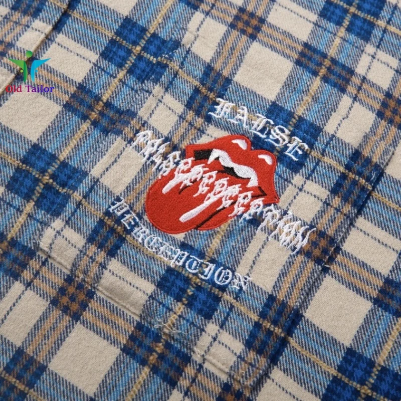 25SSFalse Perception Faded Washed Plaid Destruction Shirt Men's and Women's Vintage Blue Long Sleeve Four Seasons