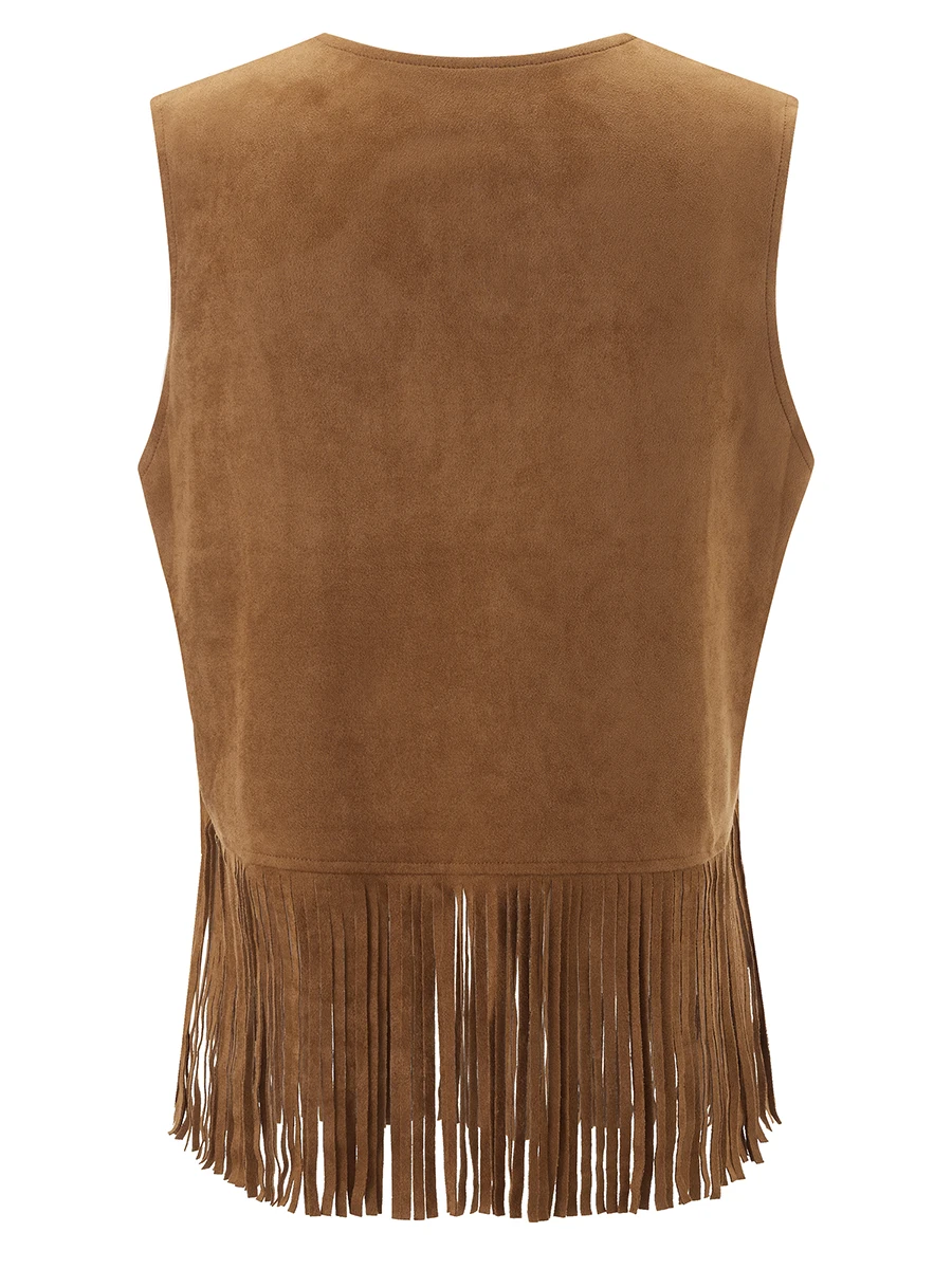 Women's Fringe Faux Suede Vest Casual Open Front Sleeveless Tassel Hippie Jacket