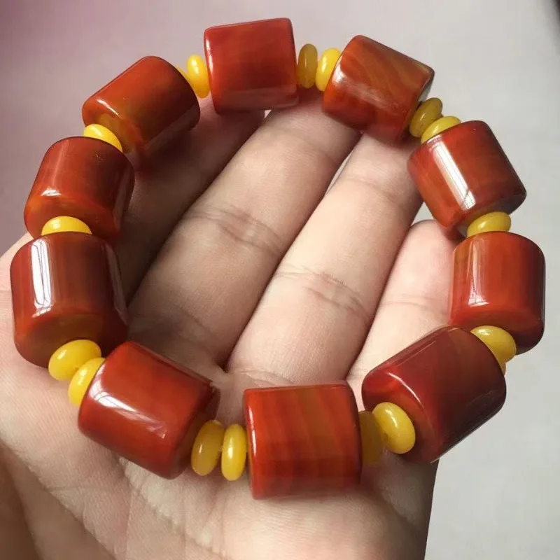 Natural Warring States Red Agate Handheld Bracelet Barrel Beads Rice Beads Prayer Beads gemstone bracelet for men