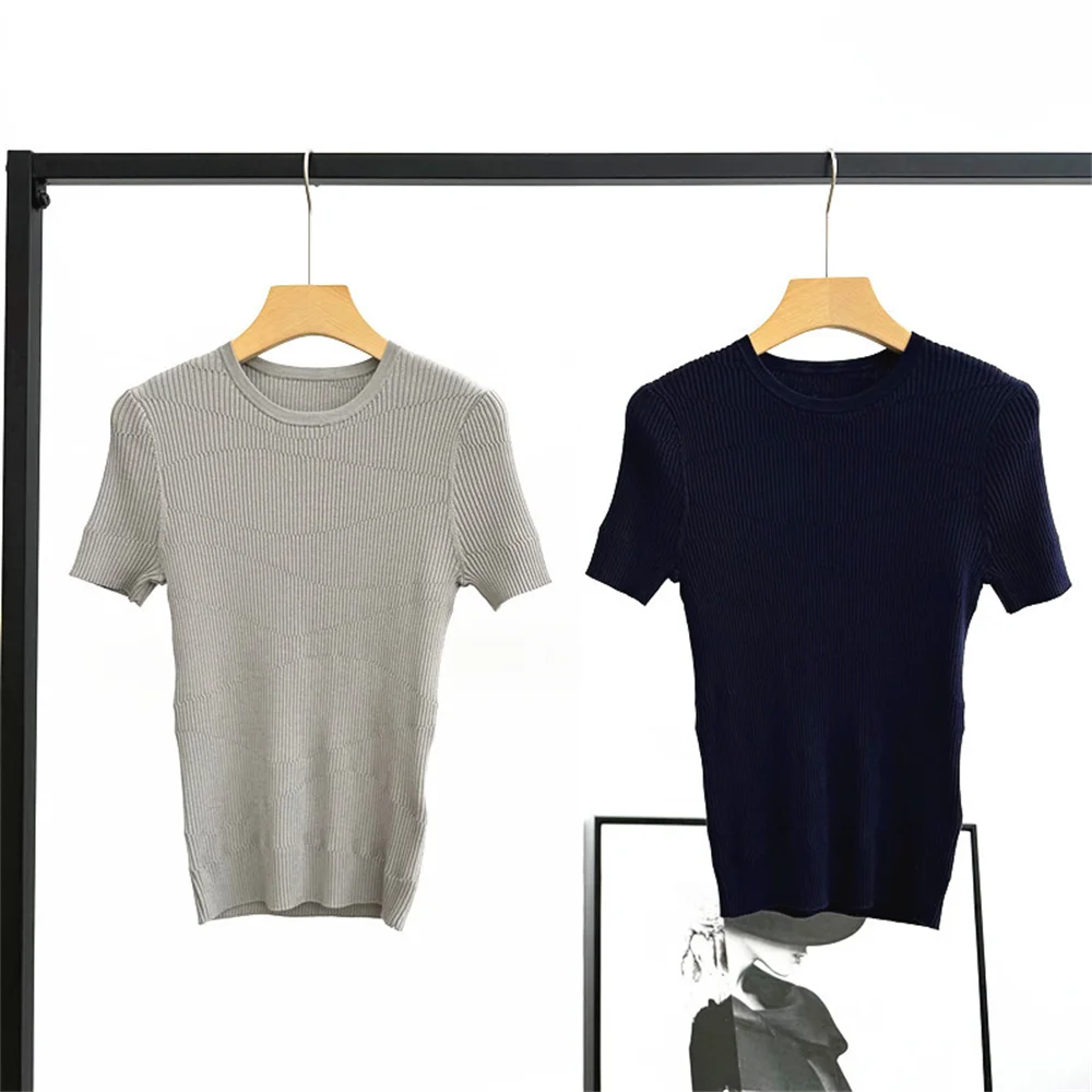Summer New Women's Round Neck Pullover Short Sleeve Solid Color Slim Knit T-Shirt Top