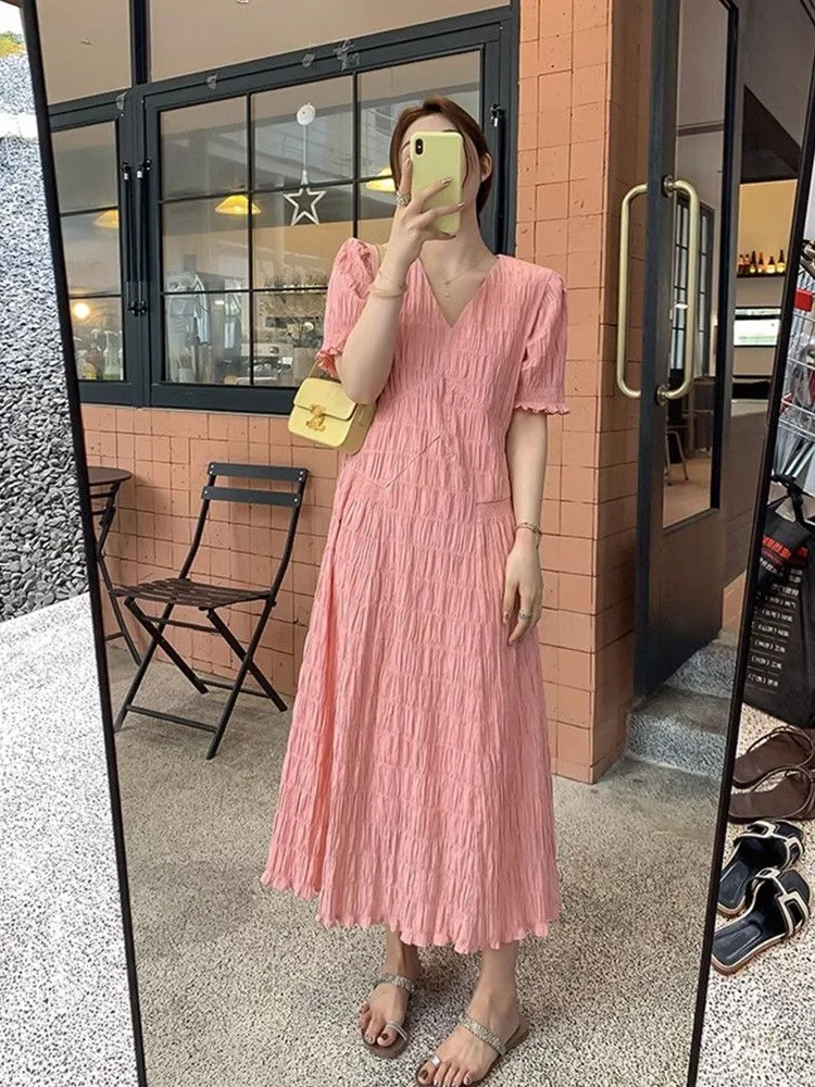 

plus Size Women's V-Neck A-Line Dress Summer Loose Flared Long Skirt Casual Korean Style Pleated Maxi Dress for Pear Shaped