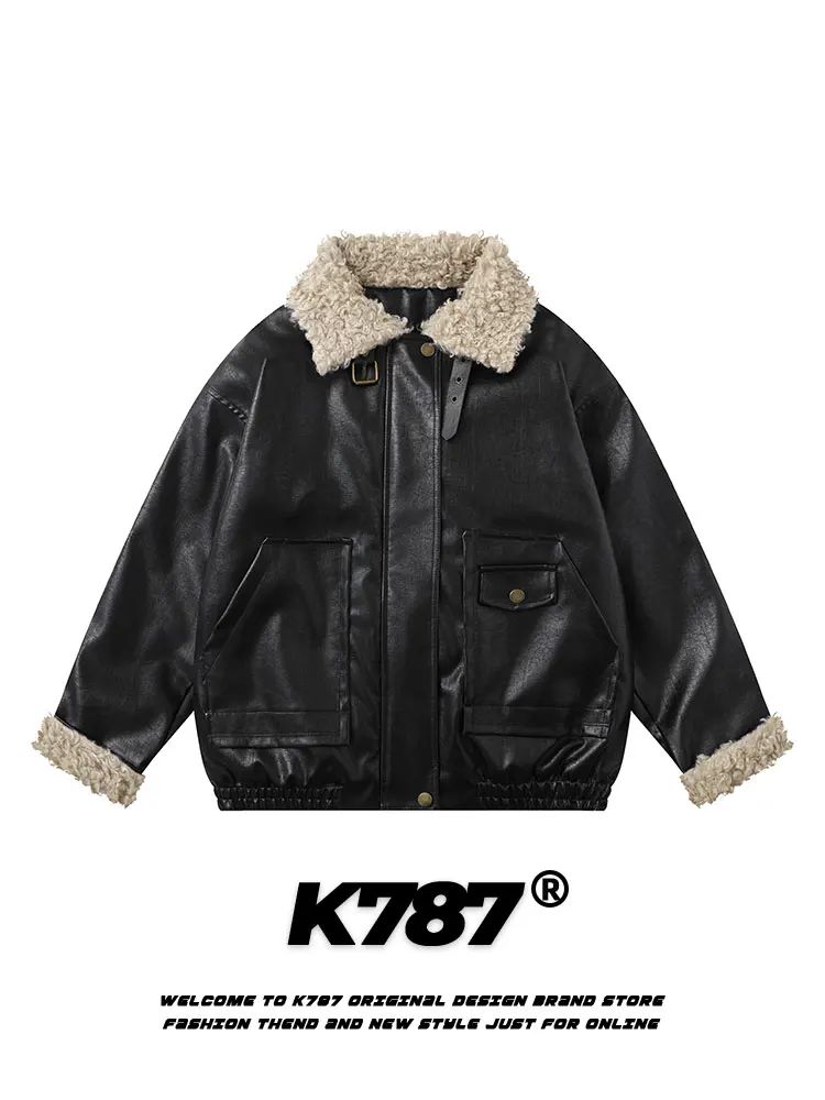 

K787 American Retro Thickened Cotton Fill Fur Collar Leather Jacket Men's Casual High Street Belted Couple's Coat Youth Fashion
