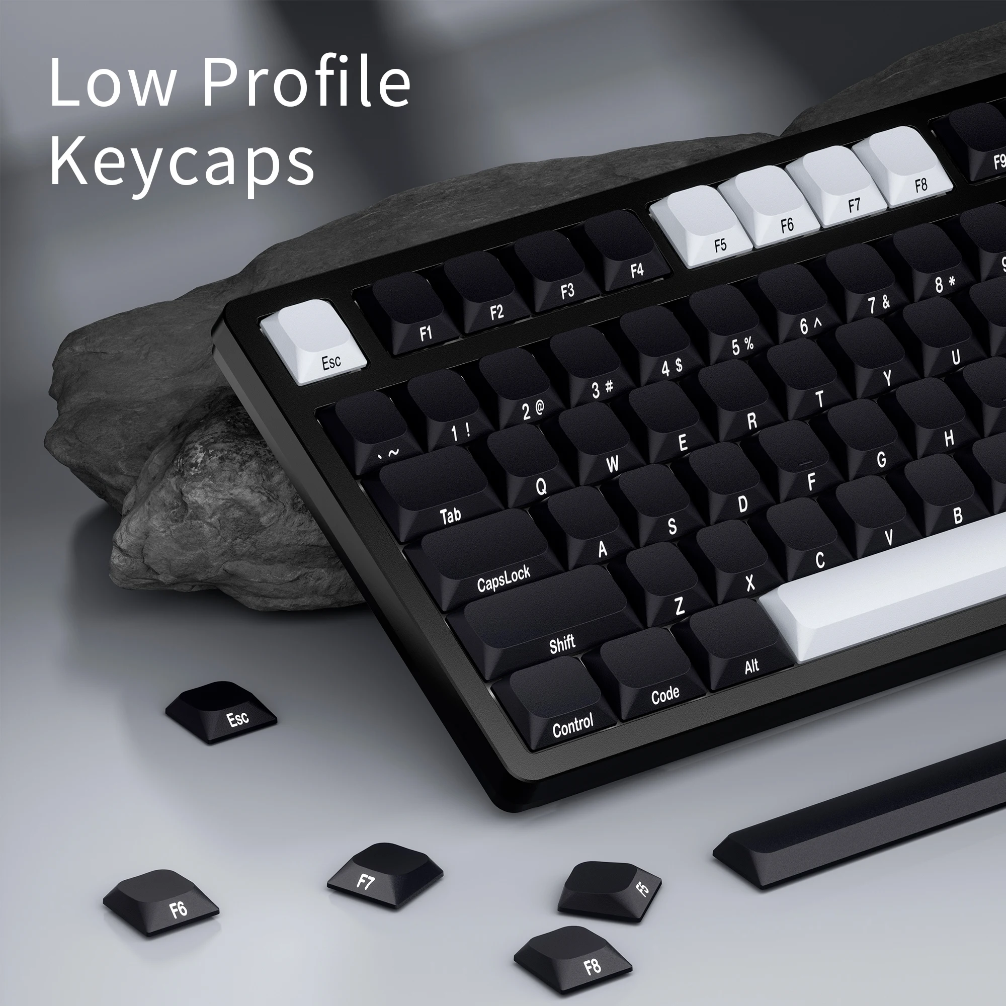 Black Low Profile Keycaps PBT Side Print Dye-Sub Ultra Low Profile Mechanical Keyboard Caps White 127 Keys