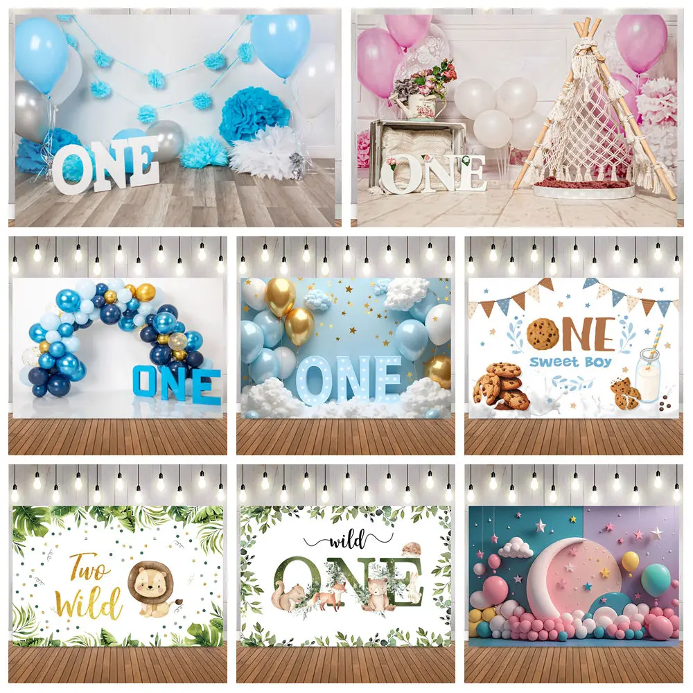 Whimsical 1th Birthday Photo Backdrop With Balloon Cookie Elements Party Baby Shower Portrait Home Decor Photography Background