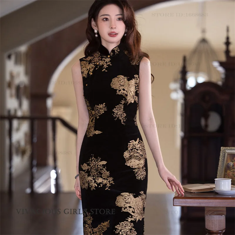 

Sexy Long Cheongsam Elegant Retro Traditional Chinese Women Costume Sexy Sleeveless Split Qipao Chinese Dress Formal Party Dress