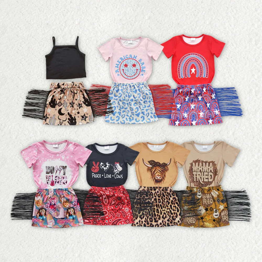 

Sibling Baby Girls Western Top Tassel Skirts Outfits Sets