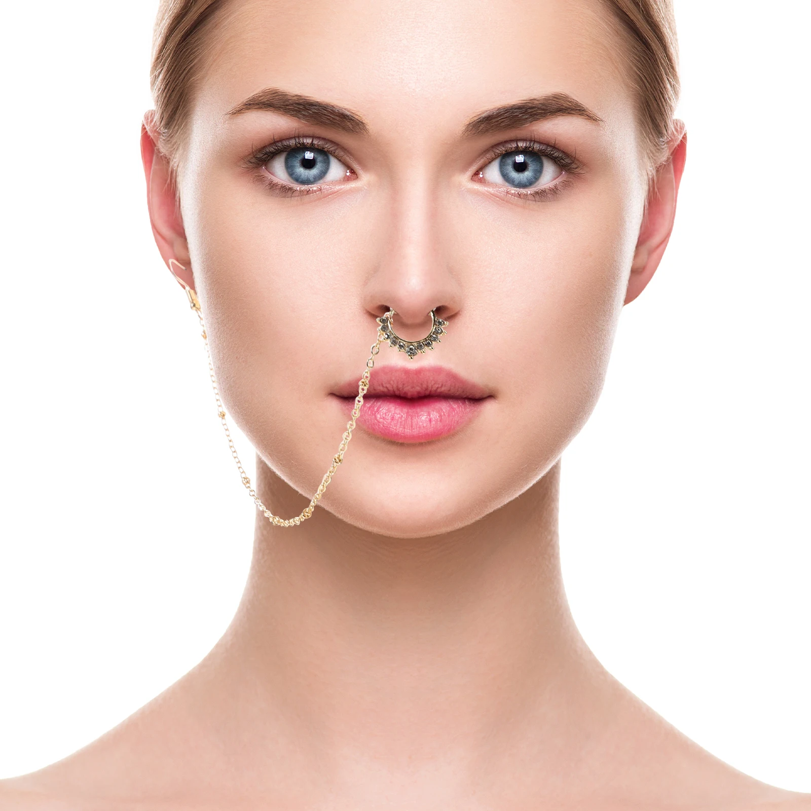 

Golden Dangle Faux Nose Ring Clip On Septum Non Piercing Hoop Jewelry For Women Lightweight Rhinestone Adorned Dance Party