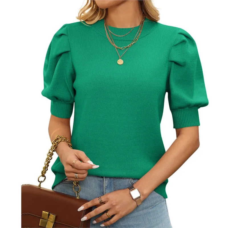 

2025 summer casual simple round neck bubble sleeve sweater solid color three part short sleeved women's new versatile pullover
