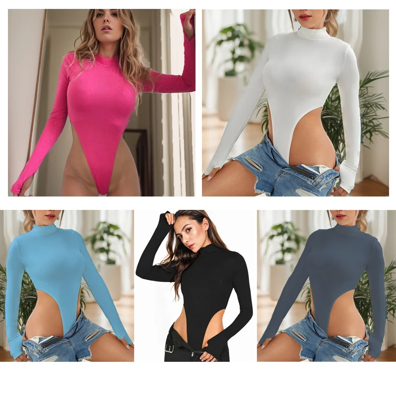 Bodysuits Frühlings-Bodys für Damen, langärmelig, schmal geschnitten, sexy, Y2k-Oberteile, halbhoher Kragen, Nachtclub-Kleidung für Damen, modischer Einteiler Qx36 – Detail 2