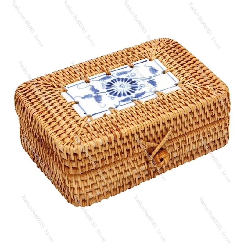 Rattan Woven Storage Box With Lid Handmade Jewelry Boxes Makeup Organizer Wooden For Sundries Tea Case Containers Gift