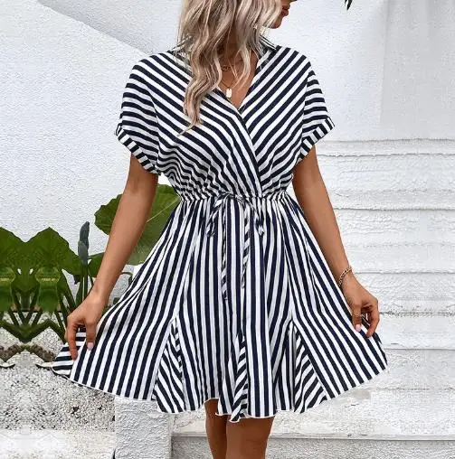 

Casual Versatile Ruffle Skirt Summer V-Neck Elegant Slimming Waist Drawstring Shirt Striped Printed Bat Sleeve A-Line Dress