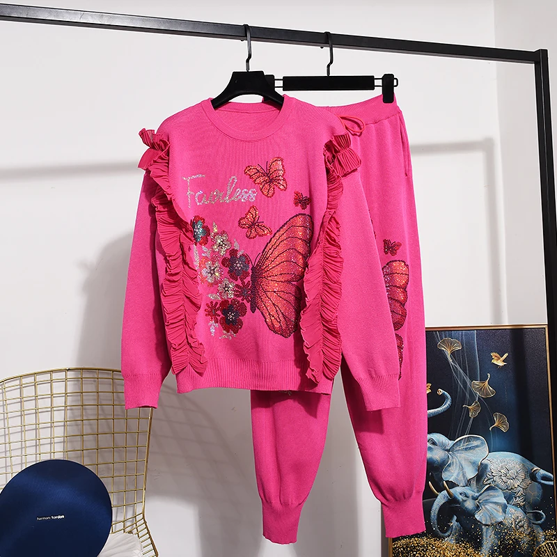 Rose Red Black Hot Drilling Butterfly Knitted Tracksuits Women Outfits Fashion Loose Pullover Sweater Pencil Pants Set Female