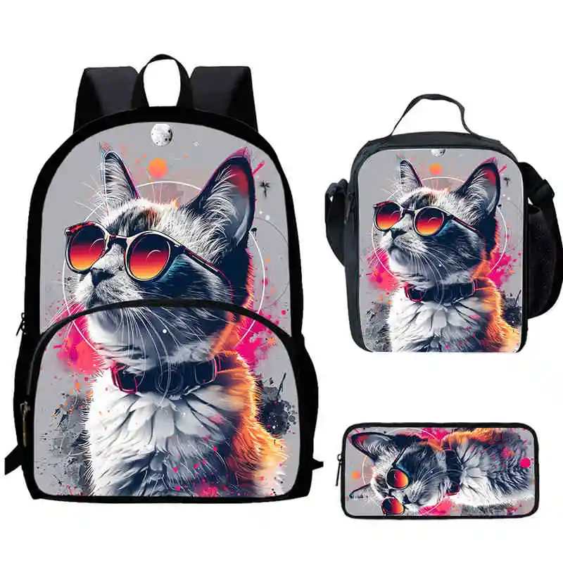 

Cartoon cat Child Backpack with Front Pocket,Lunch Bags,Pencil Bags for Aged 5-10,Cartoon School Bags for Boys Girls