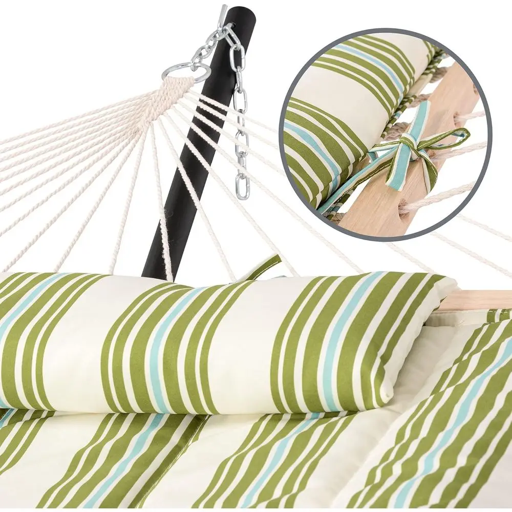 Double Camping Hammock with Wooden Spreader and Polyester Pad, Green & Beige