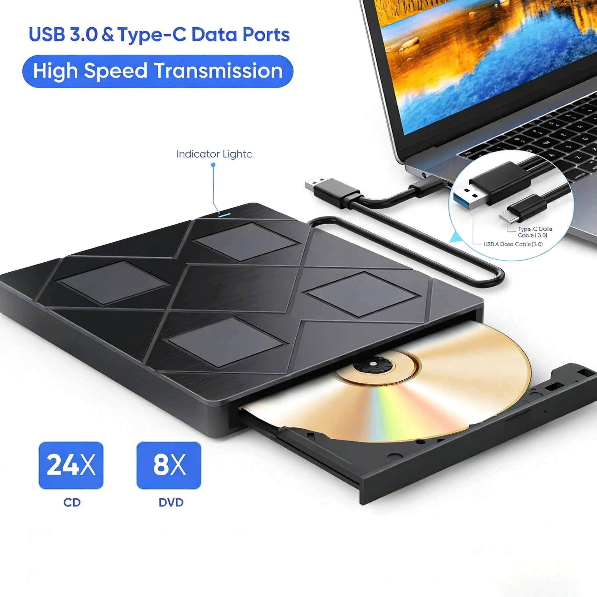 

Portable 5 in 1 External CD DVD Drive USB Ports TF SD Card Slots CD DVD Burner Player For Laptop Desktop PC