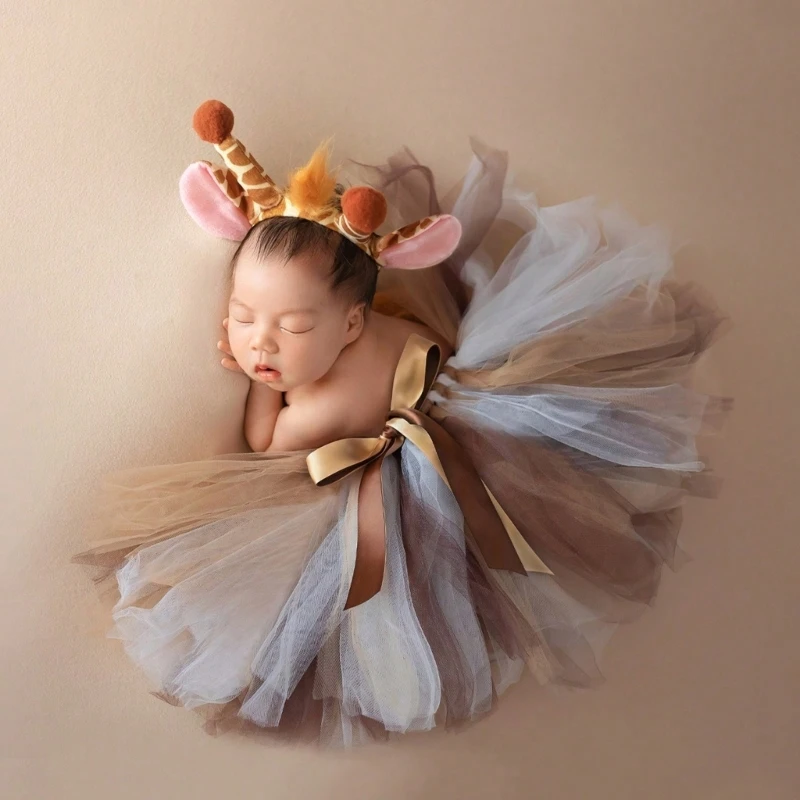 Newborn Photo Outfit Set Color Contrast Skirt & Reindeers Headband Infant Photography Props Newborn Dressing Up set Present