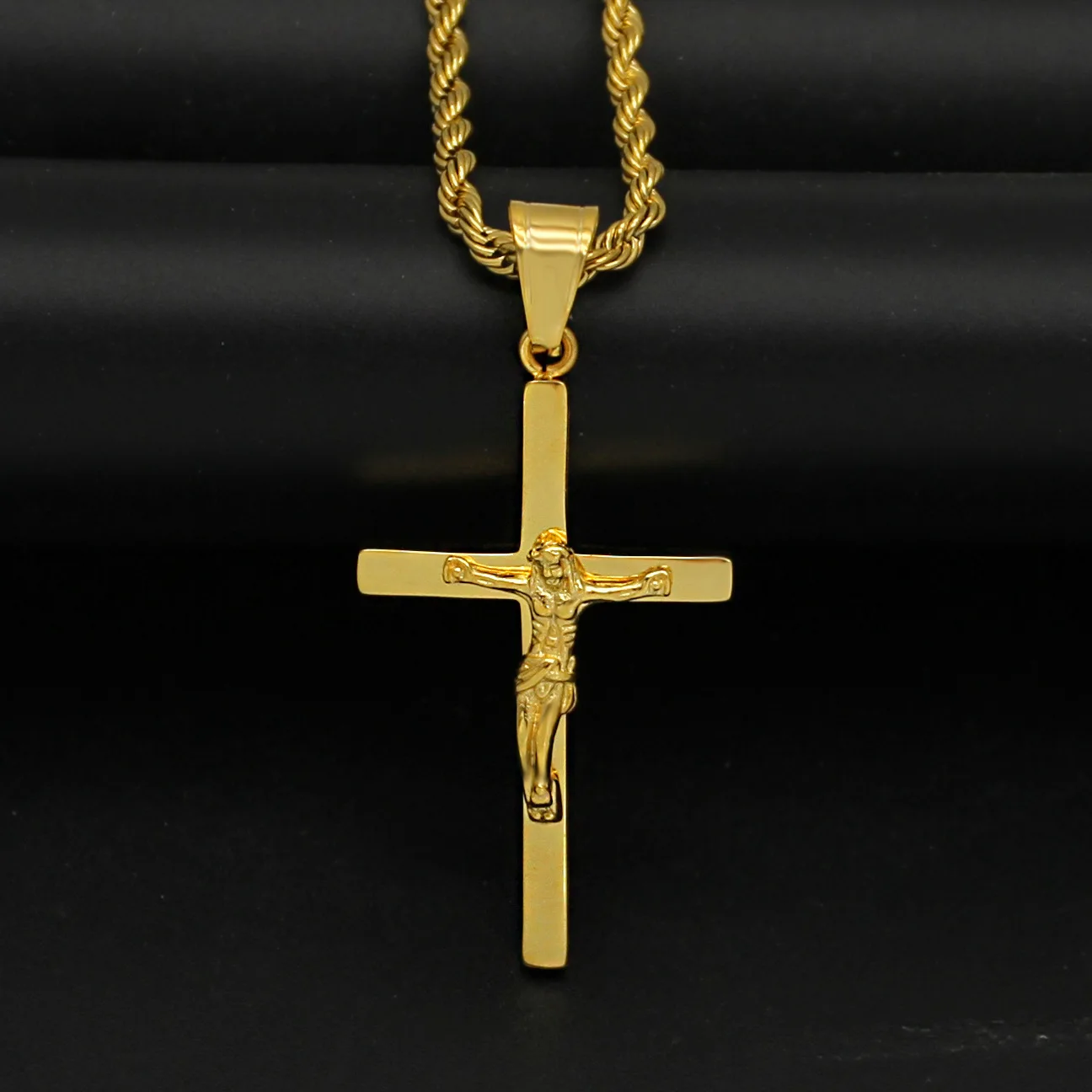 Hip Hop Gold Color Stainless Steel Cross INRI Crucifix Jesus Pendants Neckalce for Men Rapper Jewelry