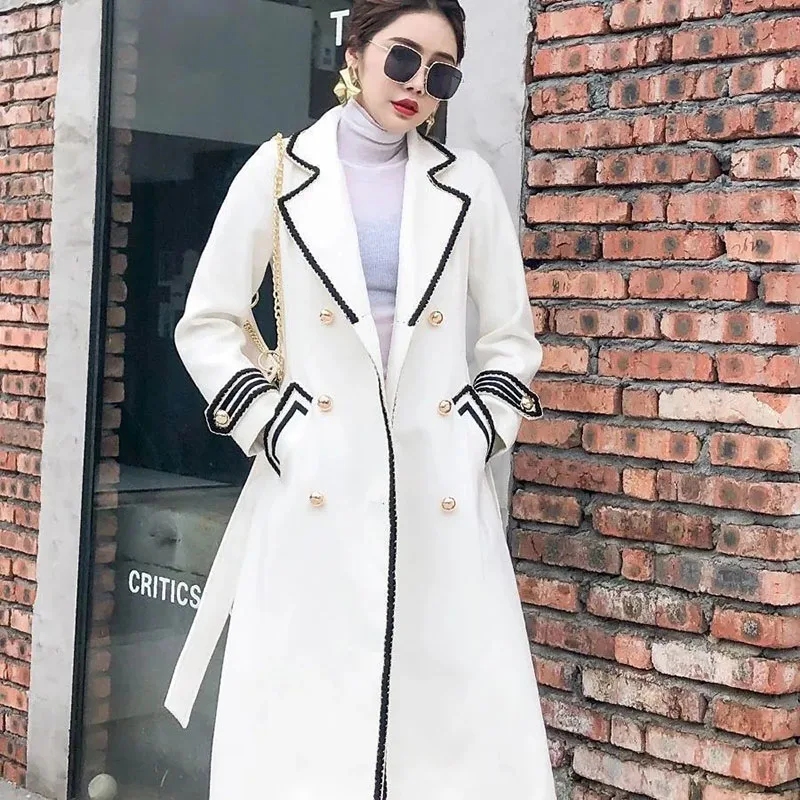New Women's Long Woolen Coat Autumn Winter Thick Slim Black Double Breasted Trench Coats Female Korean Casual Parker Overcoat