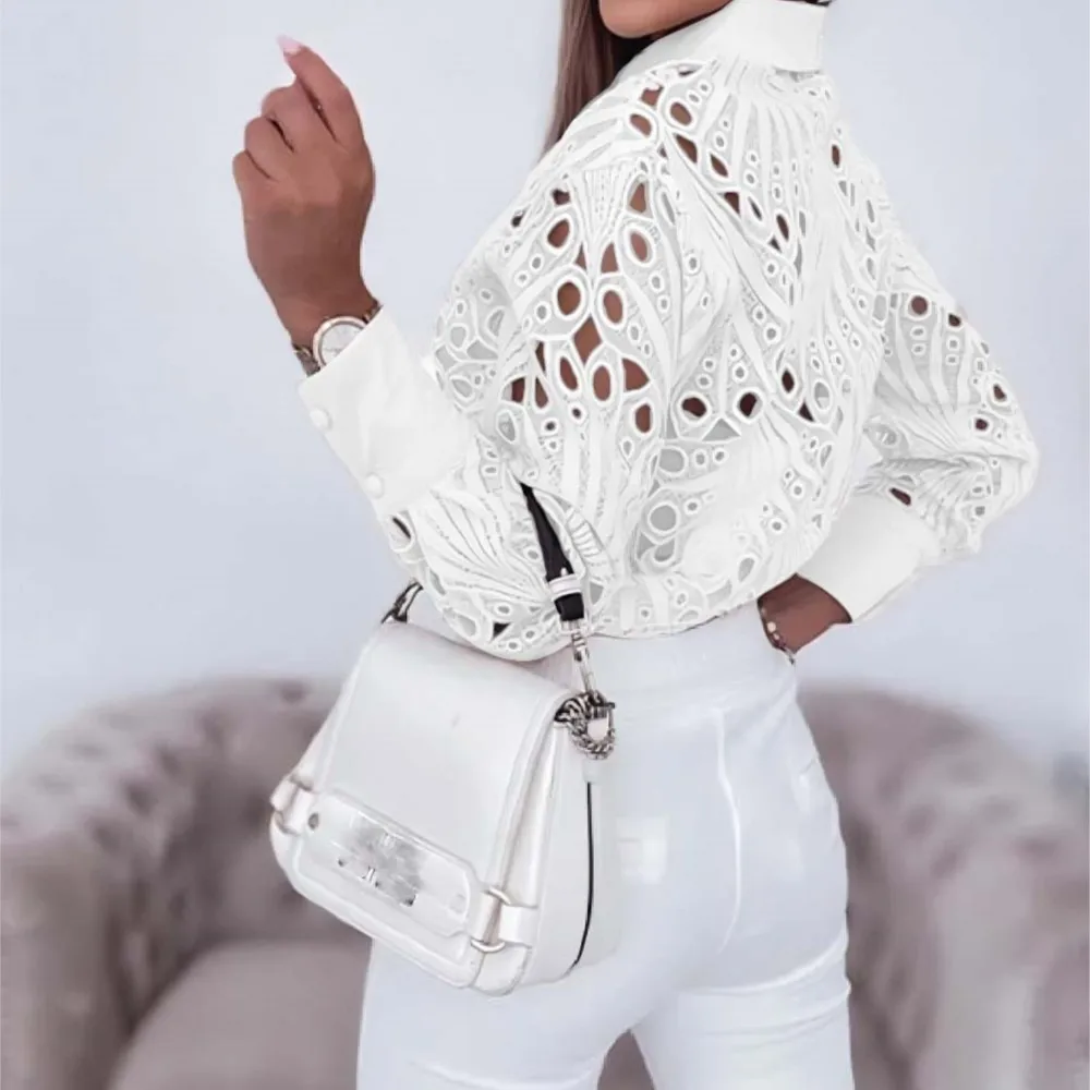 New Fashion Lace Hollow Long Sleeve Shirt For Women 2025 Spring Autumn Elegant Office Lady Blouse And Tops Casual Button Shirts