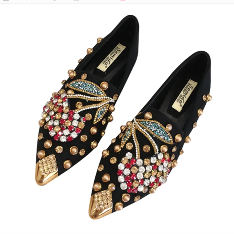 Women Studs Dazzling Crystal Pointy Flock Metal Toe Decorative Slip-Ons Black Khaki 43-35 25.5cm Flats Daily Tacons Spring Mujer