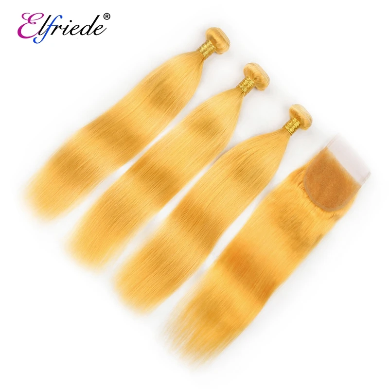 Elfriede #Yellow Straight Hair Bundles with Closure 100% Remy Human Hair Weavings 3 Bundles with 4X4 Transparent Lace Closure