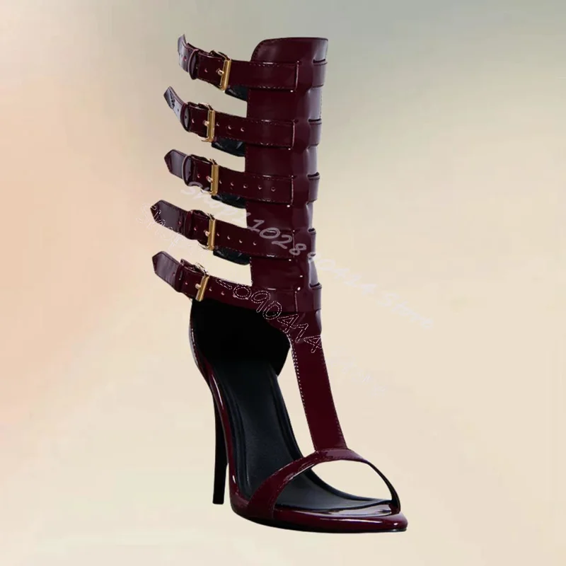 Burgandy Hollow Design Buckle Decor Sandals Buckle Strap Women Shoes Thin High Heels Open Toe Banquet 2024 Zapatos Para Mujere