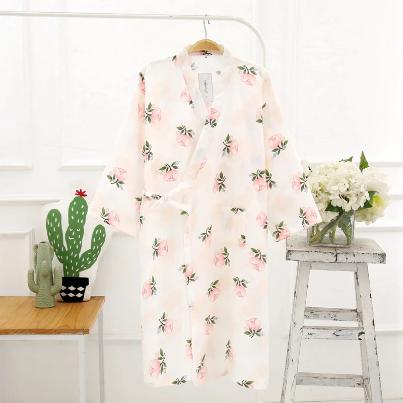 Rabbit Kimono Summe Sleeping Skirt Pajamas Robe 100% Cotton Gauze V-neck Simple Loose Sleepwears Nightly Pijama Home Clothing