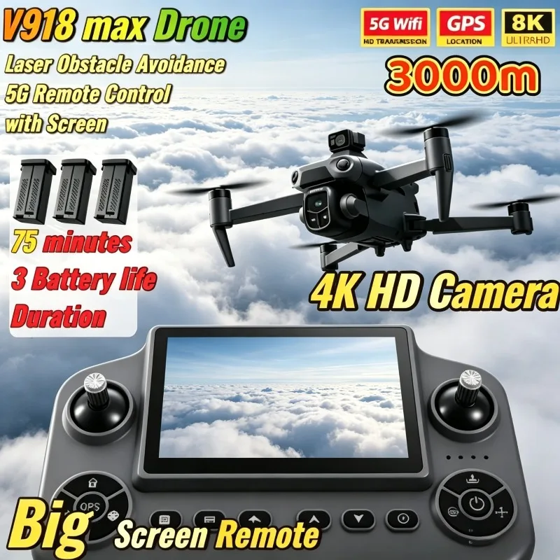 V918 Max 드론 레이저 장애물 회피 8K GPS 전문가용 카메라 FPV 3000M RC 쿼드콥터 LCD 화면 리모컨 포함 선물용